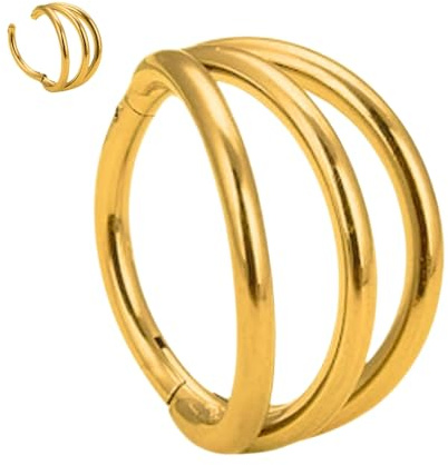 Jewel Barrel Piercing de nariz de triple aro para tabique, fosa nasal, cartílago, hélice, acero quirúrgico 18G, 16G, 14G, 6 mm, 8 mm, 10 mm, oro y plata, 16G - 8mm, Acero quirúrgico, No es una piedra