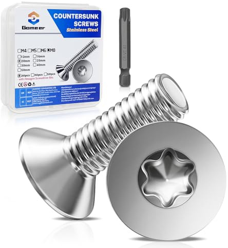 Gomeer 20 Stück M8 x 20 mm Senkkopfschrauben Torx Innensechskant aus A2 V2A Edelstahl Schrauben mit Torx Schlüssel Sechskant Schrauberkopf Norm ISO 14581 / DIN 965,für Maschinen, Möbel,Reparaturen