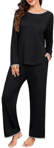 PrinStory Conjunto de pijama de manga larga para mujer, cuello redondo, parte inferior de pierna ancha, con bolsillos