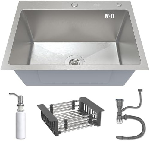 RRrawgff Fregadero de Cocina de 60 x 45 cm con sifón, escurridor y dispensador de jabón de 350 ml, de Acero Inoxidable 304, con 2 Orificios para Grifo, de una cubeta con encastre.