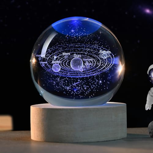 ZRENJHUS 3D-Sonnensystem Kristallkugel Weltraum dekorative Kugel Glas Astronomie Kugel Dekor Universum Geschenke für Astronomie-Liebhaber mit Lichtsockel