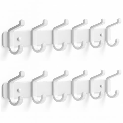 pickpiff Coat Rack Wall Mounted Heavy-Duty: Metal Coat Hanger 6 Hooks for Hanging Hat, Clothes, Robe, Keys, Backpack, Bathroom Towels, Jacket, Purse - Closet, Door, Entryway, Mudroom (White, 2 Pack)
