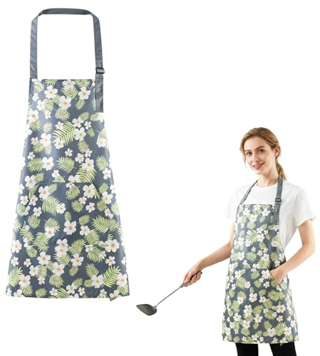 Rieoany Grembiule da Cucina con Fiori Regolabile Grembiule Impermeabile per Barbecue con Tasca di Grande Capacità per Donne e Uomini Cucina Parrucchiere Pulizia Giardinaggio Ceramica Pittura Blu