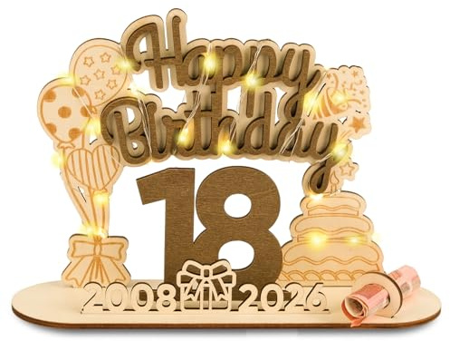 ARTREE Originelle 2026 Geburtstag 18 Geschenk Mädchen & Jungen 2008-2026, 18 Geldgeschenke Geburtstag, Holz-Schild Gästebuch mit LED Lichterkette - 18. Geburtstag Deko Mädchen & Jungen Tischdeko