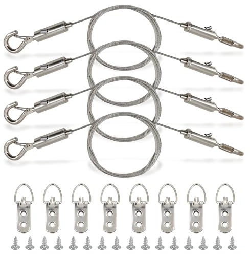 SHRJ Picture Hanging Wire Kit Adjustable Picture Hanging Hangers Heavy Duty Stainless Steel Wire Rope 2-Hole D Rings Frame Hangers with Screws for Canvas Paintings Mirrors Frames (3.28FT-1M)