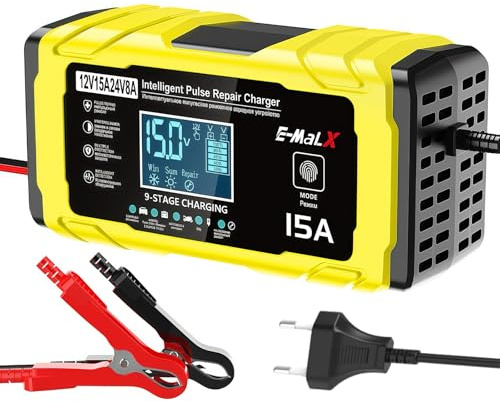 Cargador de Batería de Coche 15 A, 12 V/24 V, con Modo de Reparación y Carga de Mantenimiento, Pantalla LCD, Camión, Moto, Barco, Compatible con Baterías para Auto Moto Camión AGM LiFePO4 Gel SLA