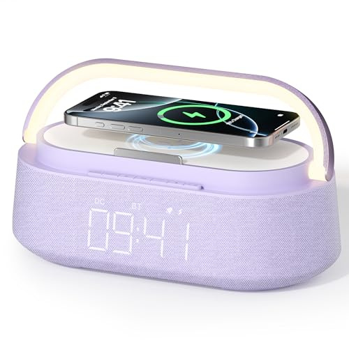 FREEFISH Bluetooth Speaker with Wireless Charger, FM Radio, Adjustable LED Night Light, 15W Wireless Charging for iPhone, 10W Dual Speakers, 2500 mAh Battery, Bluetooth 5.0