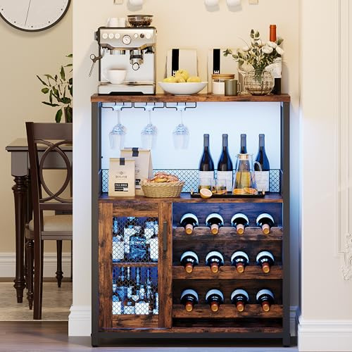 JOLLYTOP Weinbar Schrank 36 – Kompakter Bar Schrank Mit Verstellbaren Ablagen, Glashalter & Metallgittertür – Liquorschrank & Kaffeebar Möbel Für Küche & Esszimmer,Retro-Farbe +Lampe