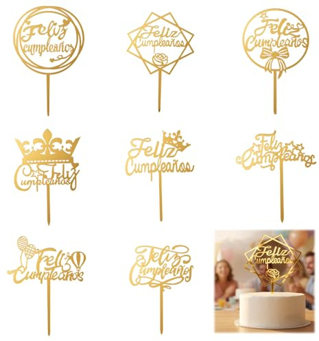 Gemejutor Juego De Toppers para Pastel Feliz Cumpleaños De Acrílico Dorado, 8 Piezas De Decoraciones De Cumpleaños En Español, Brillantes Pinchos para Pastel para Fiestas Cumpleaños