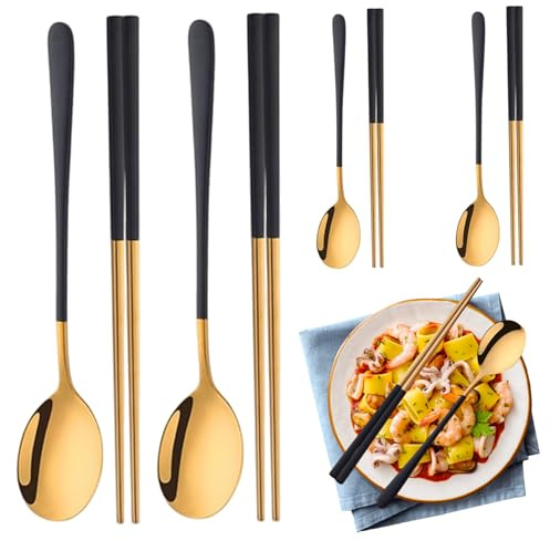 Korean Chopstick and Spoon Set Reusable Stainless Steel Korean Utensil Set Portable 4 Sets Metal Chopsticks Black Gold for Office Workers and Students, Chopsticks and Spoon, Spoons