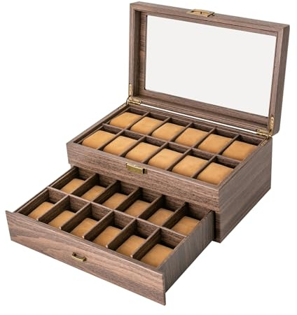 YJKNND Uhrenbox mit 24 Fächern, 2 Ebenen Uhrenhalter Organizer, Uhrenkasten mit Glasdeckel, Uhrenkoffer mit herausnehmbaren Uhrenkissen,