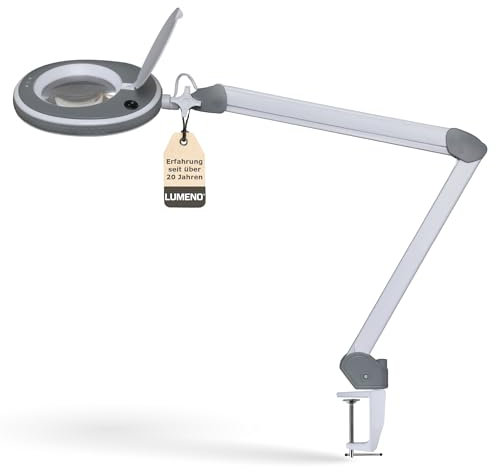 Lumeno 8215GR LED Lupenleuchte Arbeitsplatzleuchte Kosmetiklampe, einstellbare Helligkeitsstufen, kristallklare 127 mm Glaslinse, Lesehilfe/Lupe, 5 Dioptrien