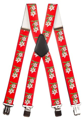 Olata Bretelles X Résistantes pour Hommes avec Motif Edelweiss - 4 cm. Rouge