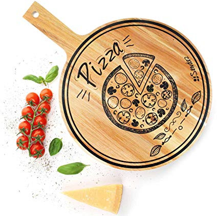 Sendez Tabla para pizza con mango e impresión de madera de mango, 42 x 30 cm, tabla de madera, tabla para salchichas, platos de pizza