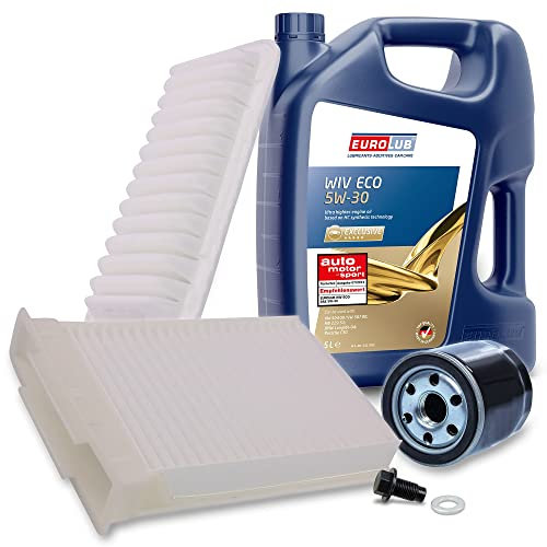 BESTPRICE Inspektionspaket Filterset mit 1x Ölfilter; 1x Luftfilter; 1x Innenraumfilter; 1x Ölablassschraube + Dichtring; 1x Motoröl 5W-30 EUROLUB WIV ECO SAE 5 l, KOMPATIBEL MIT - TOYOTA AYGO (_B1_)