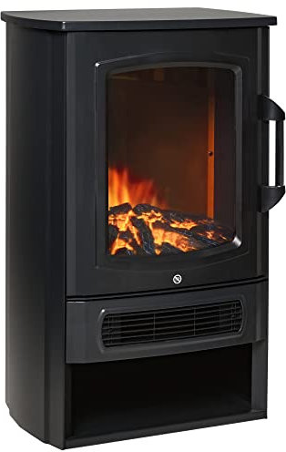 HOMCOM Camino Elettrico con Fiamma Realistica e Temperatura Regolabile, Riscalda 20-25㎡, Acciaio Nero e Vetro Temperato