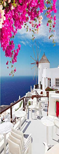 A.Monamour Türtapete Selbstklebend Türfolie Türposter 3D Windmühle Bei Oia Rosa Blumen Weißes Gebäude In Santorini Griechisch Vinyl Folie Türdeko Tapete Wandbild Türaufkleber Türtattoo 90 x 200 cm