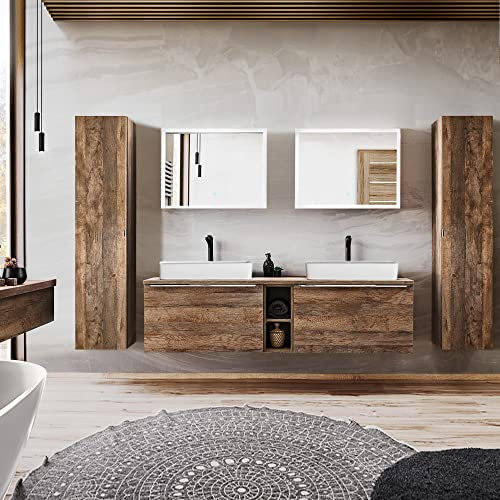 Lomadox Badezimmermöbel Badmöbel Komplett Set, Vintage Oak Eiche, 180cm Doppel Waschtisch-Unterschrank, 2 Keramikbecken, Regal, 2 Touch-LED-Spiegel, 2 Hochschränke