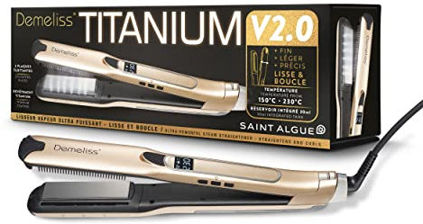 Demeliss - Piastra a vapore Titanium V2.0 - Piastre galleggianti sottili, leggere ed ergonomiche - Vapore ultra potente - Ferro a vapore 2 in 1 lisciatore/arricciatore - Tutti i tipi di capelli