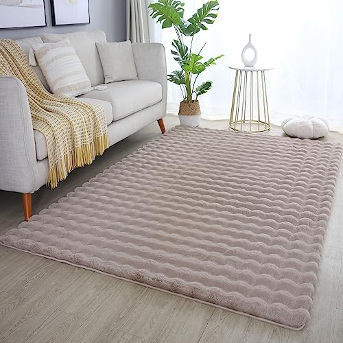 Carpetsale24 Teppich 200x290 cm Beige, Flauschiger Teppich in Felloptik mit Hoch-Tief Struktur & Bubble-Design, Super Weich, Plüschig, Ideal für Wohnzimmer & Schlafzimmer