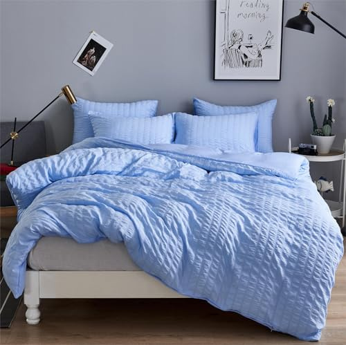 Freyamy Seersucker - Copripiumino 140 x 200 cm + 1 federa 65 x 65 cm goffrato a righe strutturate blu, set da letto in 100% microfibra, set copripiumino per adulti e bambine con cerniera