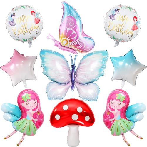 Feen Geburtstag Deko Mädchen - 9 Stück Fee Folienballon Schmetterlings Stern Ballon Happy Birthday Runder Luftballon Feenparty Dekoration für Kindergeburtstag Baby Shower Party