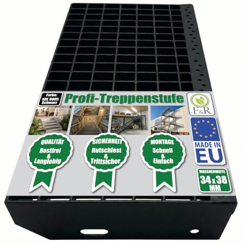 F & R Metallstufe 600x270 mm RAL 9005 Schwarz – Treppenstufe Aus Stahl Mit Gitterrost + Schraubenset 4 Stk – Pulverbeschichtet Rutschfest Witterungsbeständig