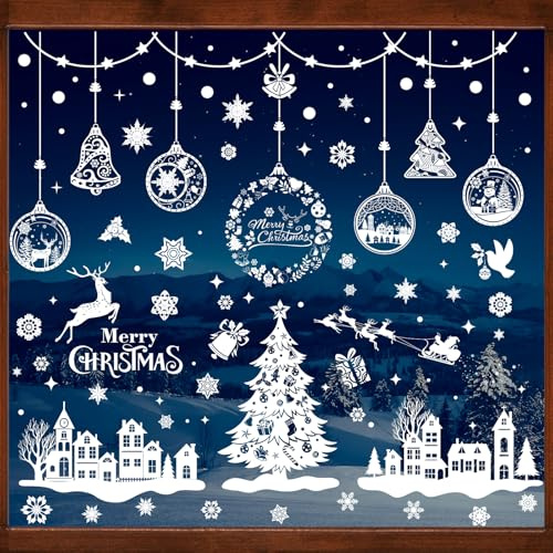 Niviy Fensterbilder Weihnachten,243 Weiß Schneeflocken Haus Elch Motive Weihnachten deko Statisch Haftende Wiederverwendbar Kein Kleber Fensterbilder Winter Haus Weihnachtsdeko für Fenster,Tür