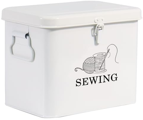 Xbopetda Metal Sewing Box, 2-Tier Sewing Organizer with Removable Tray, Portable Sewing Basket with Lock Lid & Handles, Sewing Supplies Organizer for Scissors, Thread, Pins, Needles & Clips (White)