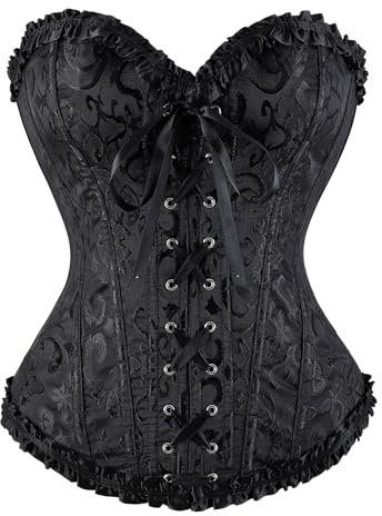 LEACOOLKEY Corpetto Corsetto per Donna con Lacci e Stecche Bustier Floreale Overbust per Costume Halloween,A-Nero,M