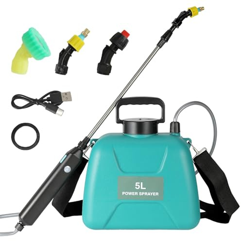 Drucksprüher 5 L/8L, Elektrischer Gartenspritze mit 3 Nebeldüsen, USB-aufladbarer Griff, Einziehbarer Stab, Breiter Öffnungskappe, 2400 mAh Akku, Drucksprühgerät für Rasen, Garten (5 Liter)