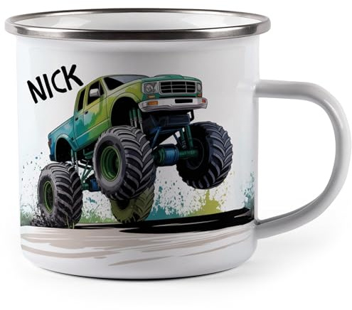 MIKALINO Emaille Tasse Coole Fahrzeuge personalisiert mit Namen Kinder Becher mit Motiv – Emaille Becher für Jungen & Mädchen – Camping Tasse leicht & robust Geschenkidee Kindertasse (wählbar)-300ml /