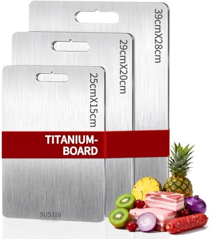Set di 3 Tagliere in Titanio per Cucina, Tagliere in Acciaio Inox Alimentare, Aenza BPA, Taglieri da Cucina DoppioLato per Carne - Ideale per Carne, Verdure e Frutta (39×28 cm + 29×20 cm + 25×15 cm)