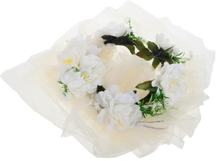 UPKOCH Couronne de Fleurs Blanches en Rotin Synthétique Légère, Bandeau Mariage Femme avec Voile Court en Dentelle, Accessoire Coiffure Romantique pour Plage, Séance Photo et Cérémonie