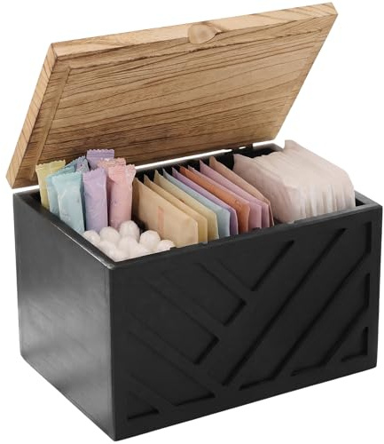 Wattestäbchen Behälter & Wattepadspender mit 3 Fächern,Holz Aufbewahrungsbox Hygieneartikel mit Deckel,Badezimmer Zubehör Dekor Box,Beweglich Feminin ProduktVeranstalter für Arbeitsplatte(schwarz,1)