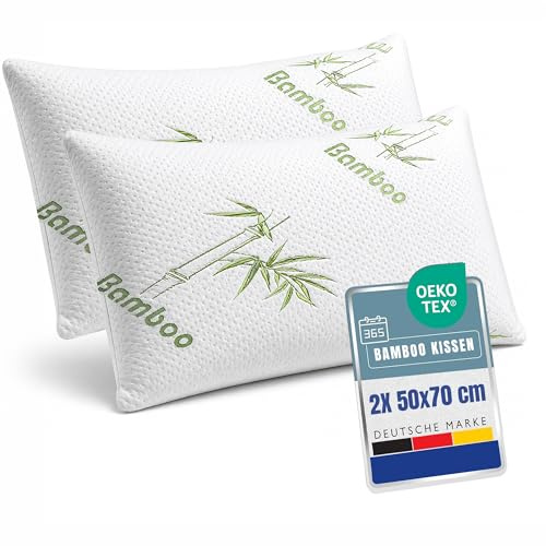 Orthopädisches Kissen | 2x Stück - 50x70 cm | Bambus Kopfkissen mit abnehmbarem Bezug | Memory Foam Kissen für optimale Kopf und Nackenunterstützung - Natürlich antibakteriell & geruchsneutral