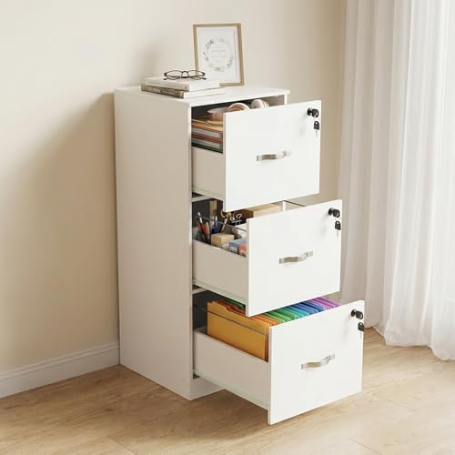 anrekl Cajonera Oficina Escritorio con 3 Cajones Cerradura y Llaves, Multiusos Armario Archivador con Barras Colgantes para Oficina Escritorio Casa, 103.5cm Alto, Blanco