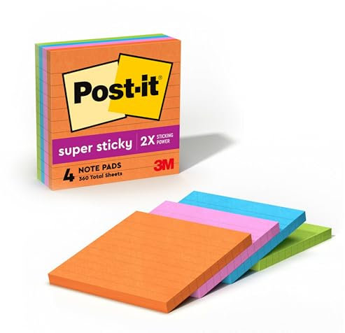 Post-it Super Sticky Linierte Notizblöcke, 4 Haftnotizblöcke, 10,2 x 10,2 cm, Schulbedarf, Büroprodukte, Haftnotizen für vertikale Oberflächen, Monitore, Wände und Fenster, Energy Boost Collection