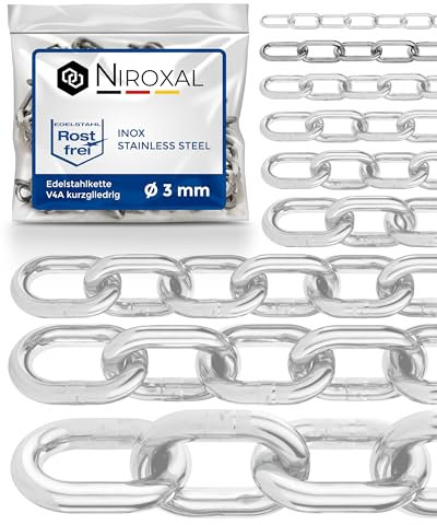 200cm = 2 meter 3mm starke Gliederkette Meterware V4A Ankerkette kurzgliedrig am Stück Metallkette A4 DIN 56856 Regenablaufkette DIN 766 rostfreie Eisenkette Absperrkette 2m