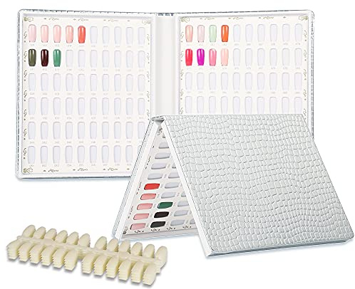 BNG 120 Nagellack Display Buch Profi Nagel Farbkarte Palette Gellack Präsentation mit 120 Stück Nagel Tipps, Leder Buch Nagel Praxis Design Planke für DIY Nagelkunst Salons Satz, Silber