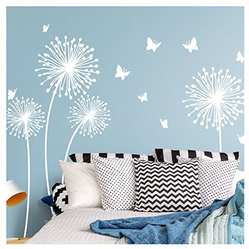 Wandora Wandtattoo 4 Pusteblumen Schmetterlinge I weiß L-Set I Kinderzimmer Flur Wohnzimmer Schlafzimmer Wandsticker Sticker Aufkleber Wandaufkleber W1509