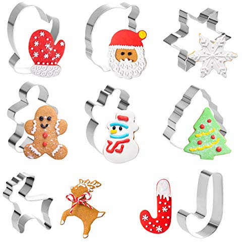 Gwhole Set di 8 stampi per biscotti in acciaio inossidabile, per biscotti, frollini, pasticceria, taglierina a forma di Babbo Natale, fiocco di neve, albero di Natale