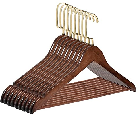 RSR-Hangers 10 Stück Kleiderbügel Holz Braun Holzkleiderbügel mit Hosensteg 44,5 cm | 360° drehbarer Haken | Goldhaken | Hemdenbügel | Hosenbügel