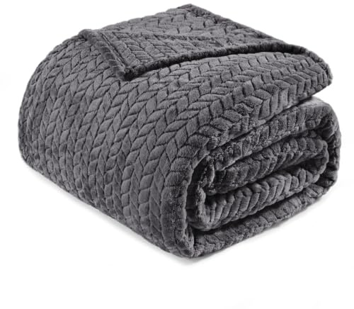 Exclusivo Mezcla Kuscheldecke Flauschig 220x240 cm Fleecedecke Tagesdecke | Flanell Decke, Bett, Sofa, Bettüberwurf, Blättermuster, Leicht, Warm, Maschinenwaschbar, Ganzjahreszeit, Dunkelgrau