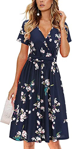 Newshows Women's Summer Short Sleeve Dresses V Neck Floral Print/Solid Faux Wrap Dress Casual Midi Sundress with Pockets