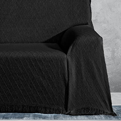 DALINA Colcha Multiusos Sofa,Manta Foulard,Plaid para Cama,Cubresofa Cubrecama,Comoda Practica y Suave. Poliester Algodón con Bordaje de Rombo Negro 125X180CM