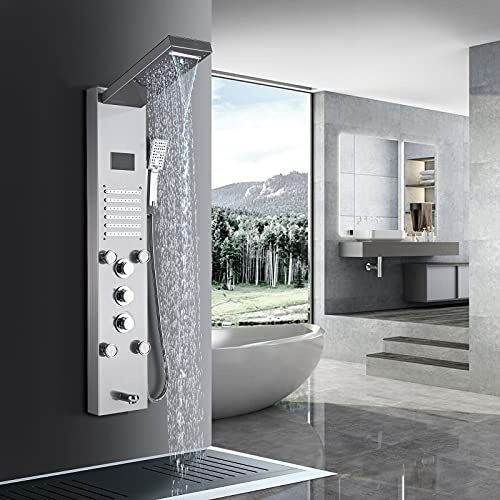 Columna de ducha hidromasaje TVTIUO Acero Inoxidable Con LED Alcachofas 5 Salida de Agua Multifunción Sistema de Ducha Montaje en Pared,Níquel cepillado