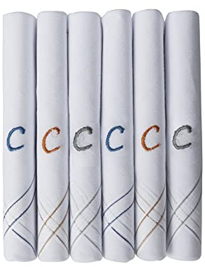 Caruso Italy Men's Initial Monogram C Embroidery 100% Pure Cotton Handkerchief White Base With Colored Border - Pack Of 6