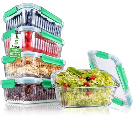 NutriChef  tuppers de cristal herméticos con orificio de aire, 5 recipientes apilables y 5 tapas, Aptos para microondas, Horno y congelador, Sin BPA