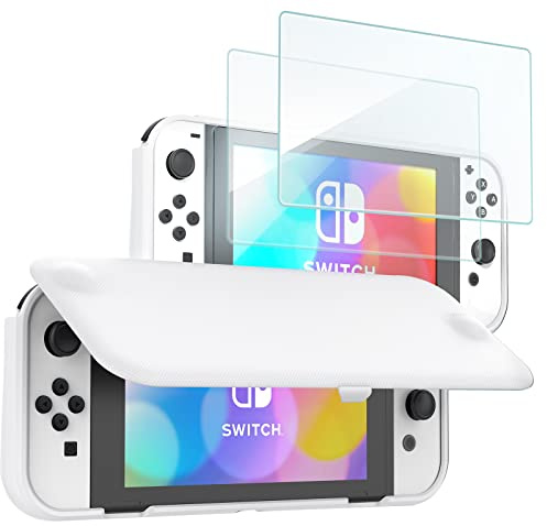 ProCase Klapp Schutzhülle + (2 Stück) Displayschutz für Nintendo Switch (OLED Modell) Weich dünn TPU Stoßfest Hülle + 2 Hartglas Blasenfrei Displayschutzfolien aus gehärtetem Glas -Weiß